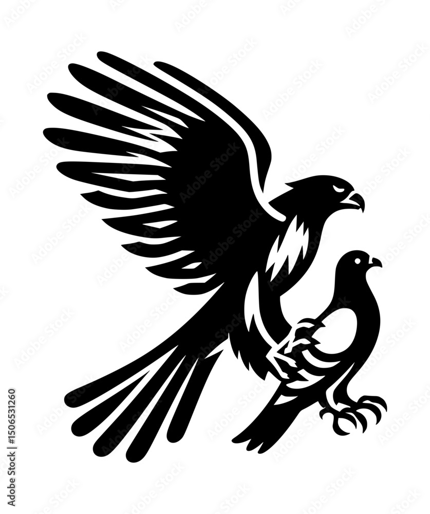 Fototapeta premium Falcon Clutching Pigeon Silhouette Icon Logo Black Vector