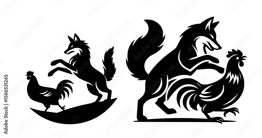 Obraz premium Fox Attacking Chicken Silhouette Icon Logo Black Vector