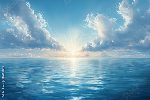 Ocean sunrise, calm sea, blue sky, clouds, peaceful background, website banner