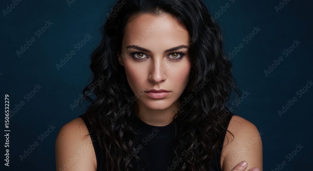 Fototapeta premium Intense Portrait of a Woman with Curly Hair Against a Dark Background