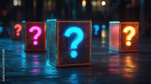 Illuminated question mark boxes in vibrant colors standing in a dark and mysterious setting