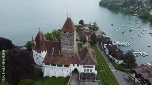 Aerial view by drone of Tunersee, Spiez city, Kanton Bern, Schweiz- famous town of Tunersee, Spiez , Kanton Bern, Schweiz.