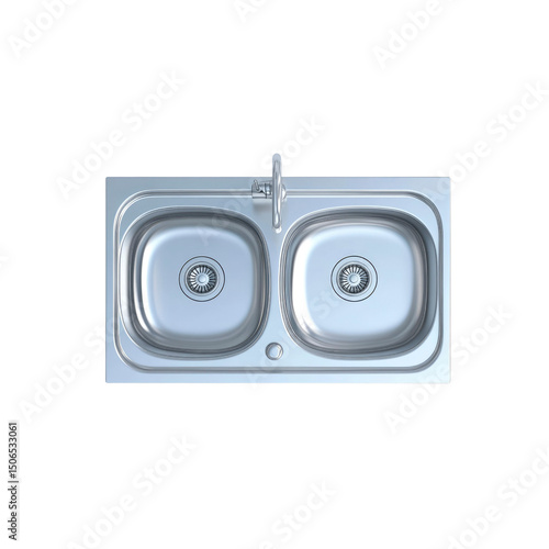 Top View of Modern Stainless Steel Double Kitchen Sink with Faucet