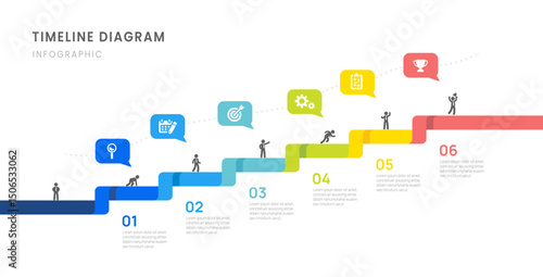 Business road map timeline infographic with 6 options milestones elements, diagram, arrow, and icon, vector.