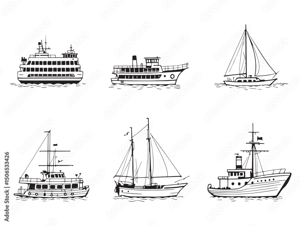 Fototapeta premium ferry line art hand drawn marine boat illustration
