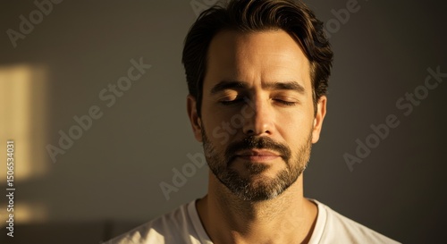 Man meditating in a serene indoor environment with soft lighting