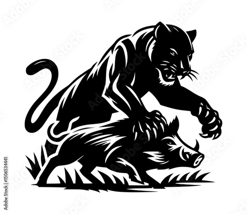 Panther Clawing Wild Boar Silhouette Logo