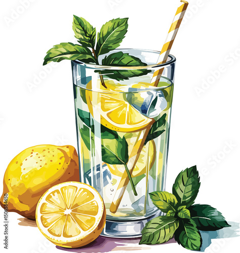 lemon juice glass with mint and straw illustration premium quality