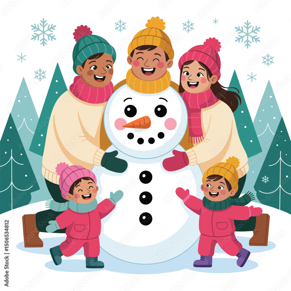 Christmas winter wonderland children playing with a snowman Christmas winter wonderland children playing with a snowman