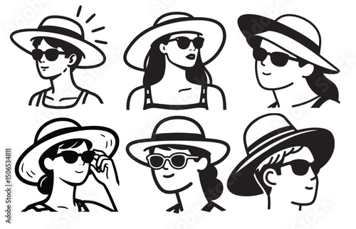 Vector Set – Black Outline of Wearing Sunglasses and Sunhat Properly, Summer Attire Instruction on White Background