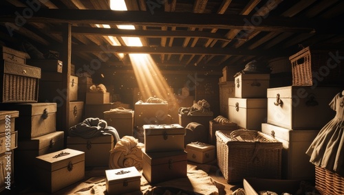 Sunlit vintage attic filled with trunks and memories evocative of a bygone era