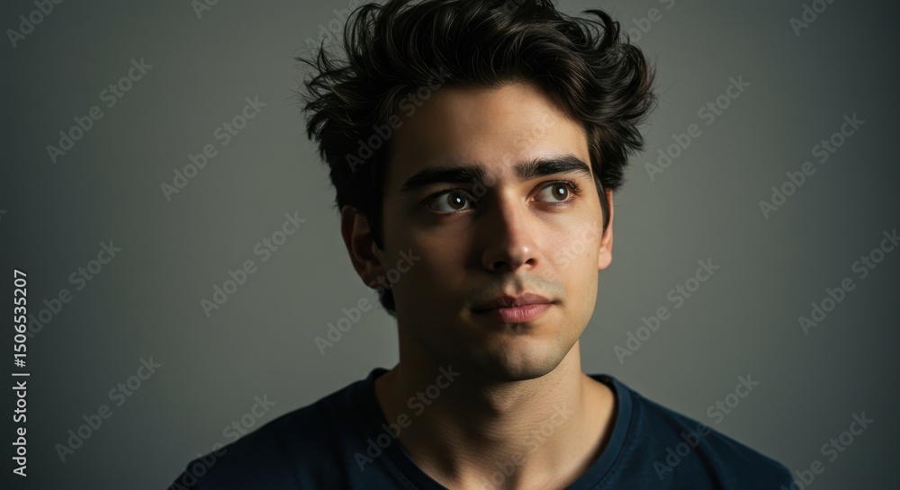 Naklejka premium Portrait of a young man with tousled hair, gazing thoughtfully against a neutral backdrop
