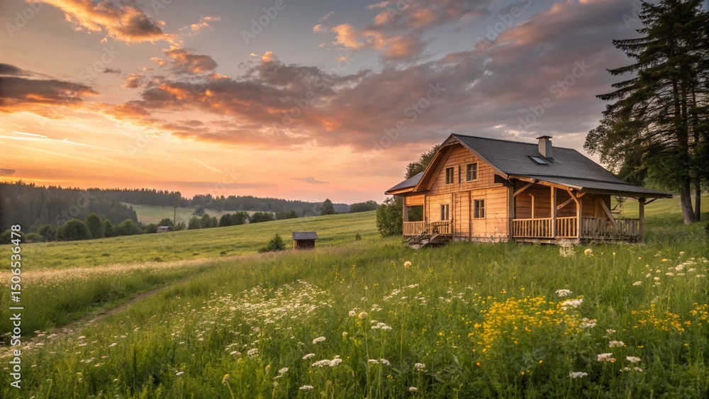 wooden house in a Golden Hour Field wooden house in a Golden Hour Field