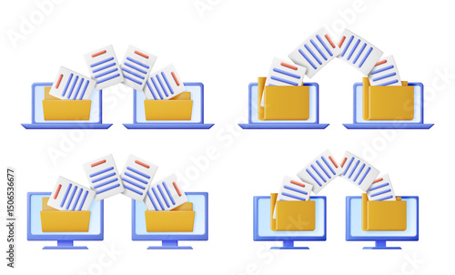 Set of 3D documents transferring between laptop and monitor. Digital file transfer, data sharing, backup, synchronization concept.