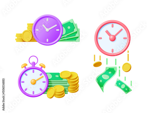 Various 3d cartoon time and money concepts set. Time is money, financial management, income growth, and saving wealth vector illustration.