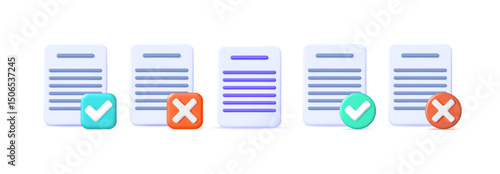 Document processing illustration with check mark and cross symbols. Data review and verification concept. Vector 3d render for business application.