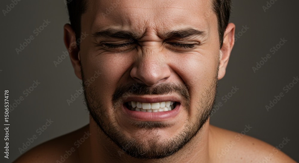Naklejka premium Close-up of a man expressing intense emotion with a pained facial expression