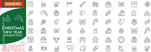 Christmas and New Year line icon set with editable stroke, and line icon set