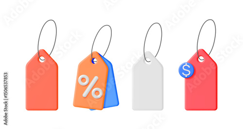 Set of 3d rendering vector price tag signs. Empty label templates and discount tags with percent and dollar symbols. Sales promotion concept.