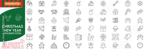Christmas and New Year line icon set with editable stroke, and line icon set