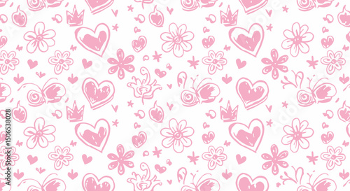 Sweet Pink Dreams: Seamless Pattern of Hearts, Flowers, and Crowns