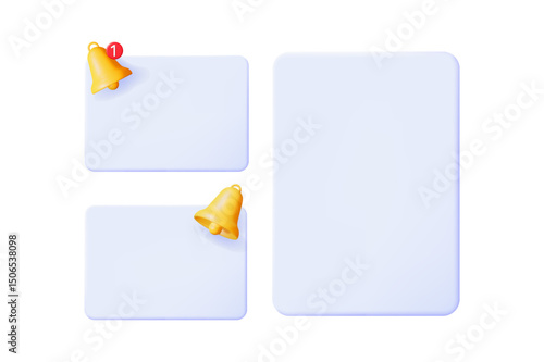 Three blank 3d notification templates with golden bells. Message box for push notification and social media. Alert and reminder concept.