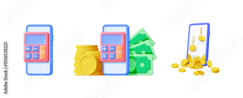 Set of 3d calculator on phone, money and coin elements. Financial accounting and budget management concept for mobile application on white background.