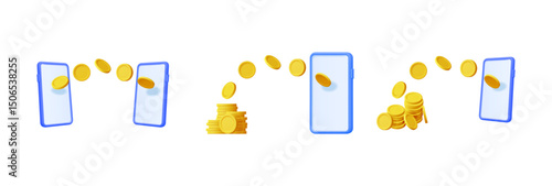 Mobile phones showing coins flying to and from stacks. Digital wallet transaction and online money exchange. Financial transfer concept.