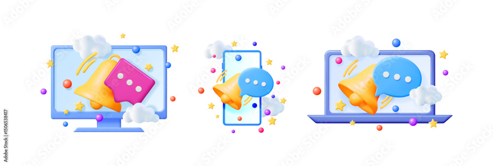 Vector 3d cartoon set megaphone message on computer monitor phone and laptop. Online promotion and social media. Vector 3d cartoon set megaphone message on computer monitor phone and laptop. Online promotion and social media.