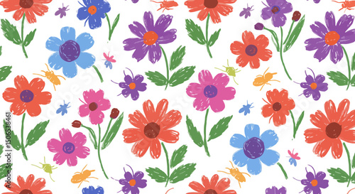Playful Floral Crayon Drawing Seamless Pattern