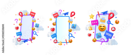 Set of three mobile phones with social media icons and empty screens for text. Communication and online network concept.