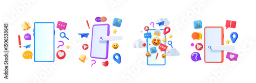 Mobile phone with social media 3d icons set. Digital communication on smartphone concept for app design, internet connection.