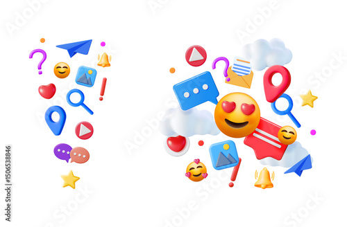 Social media notification icons and emojis floating on white background. Digital message and internet communication platform concept.