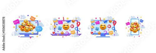 3d vector social media set with various emojis and network icons on computer monitor and smartphone screen for web banner.