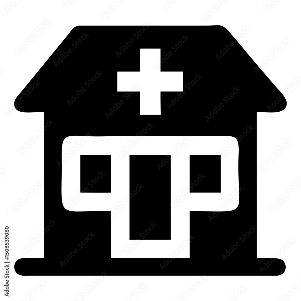 Obraz premium Illustration of a medical building with a cross on top in a black and white style on transparent background