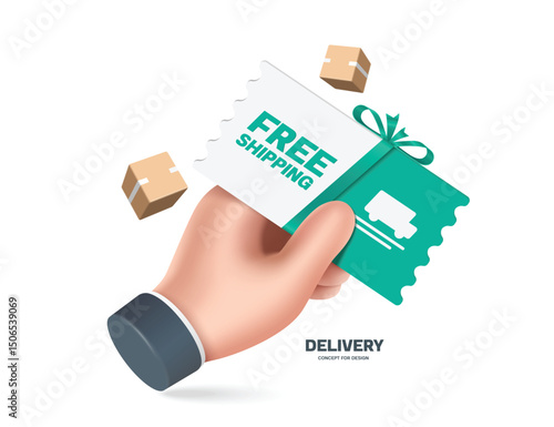 Left hand holds green-white free shipping promotion sign or tag label tied with a green ribbon as gift to customers who use shipping service and online shopping, vector 3d isolated for advertising