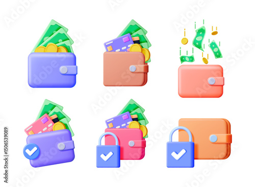 Money wallet icon set in 3d vector illustration. Financial assets and security concept. Digital render for online payment.