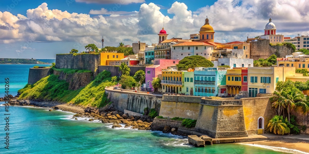 Fototapeta premium Vibrant Colorful Buildings Along Coastal Walls in Sunny Caribbean Destination