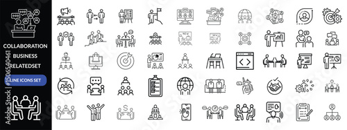 Collaboration icon set. Business related line icons teamwork, meeting, partnership, work group, business people, conference, presentation and more. Editable stroke. Vector illustration design 
