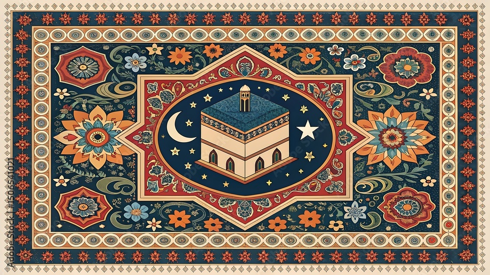 Islamic floral pattern with kaaba mosque illustration Islamic floral pattern with kaaba mosque illustration