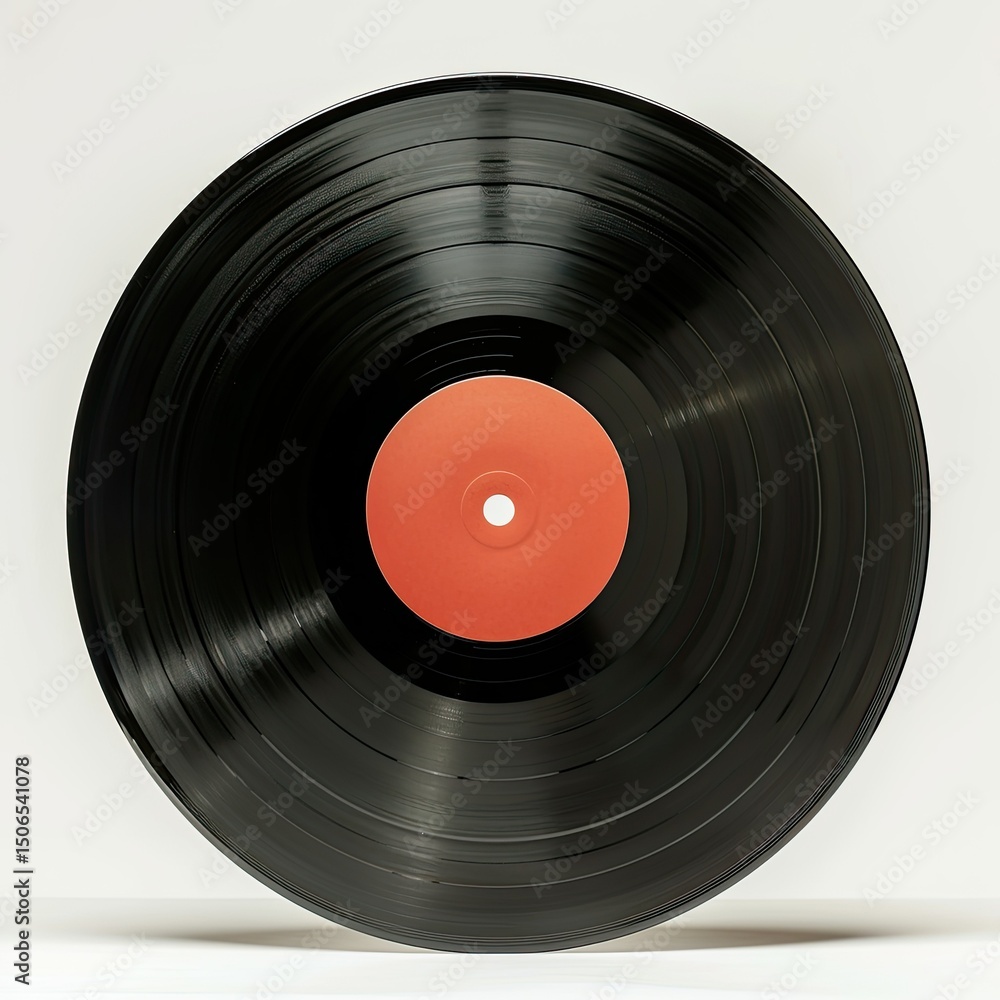 Obraz premium A black vinyl record with a central orange label, symbolizing music and nostalgia. on white background