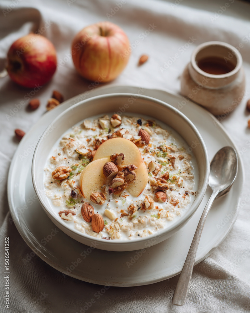 Fresh apple and nut muesli looks tasty in this dish. What delight Fresh apple and nut muesli looks tasty in this dish. What delight