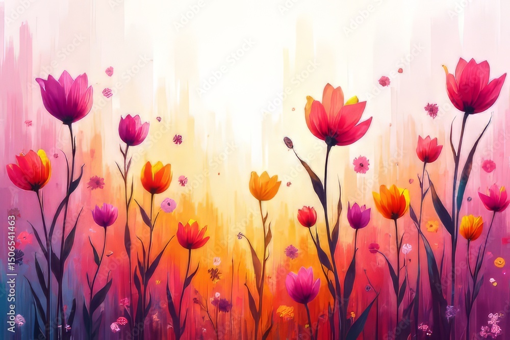Obraz premium Vibrant Floral Painting of Tulips and Wildflowers in Sunset Hues