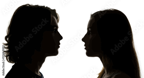 Pensive Young Man Woman Head Profiles Silhouette Teenagers Thinking Opposite Each Other