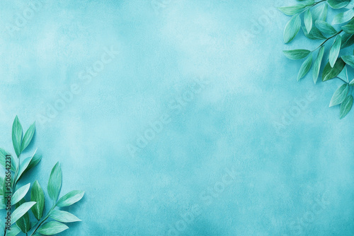 Exploring the serenity of nature with leafy green accents on a tranquil blue background perfect for relaxation and rejuvenation ideal for digital art and design