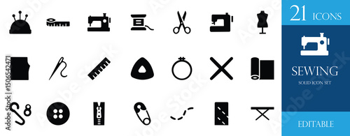 A clean, solid black sewing icon set featuring thread, needle, spool, scissors, machine, pattern, embroidery, and tailoring tools. Perfect for fashion design