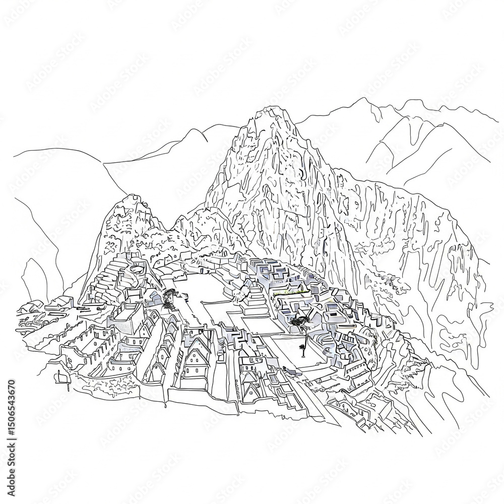 Fototapeta premium one line drawing machu picchu peru