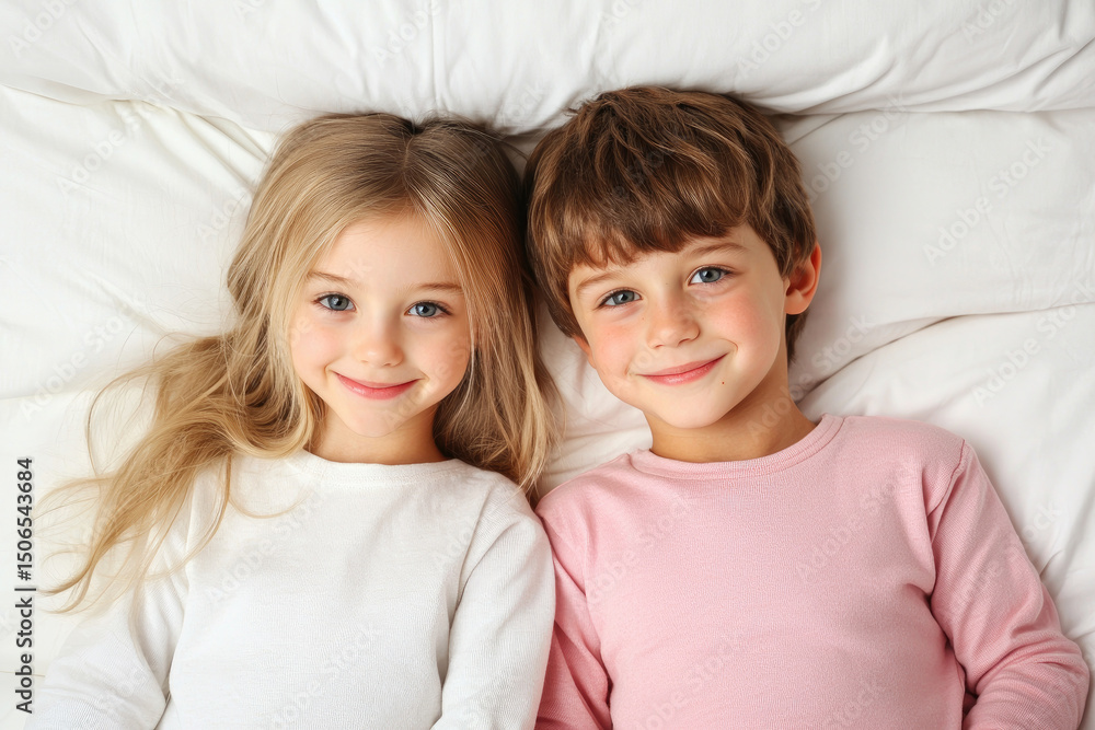 Joyful children playing together on a cozy bed home setting lifestyle photo warm atmosphere close-up view friendship and happiness concept Joyful children playing together on a cozy bed home setting lifestyle photo warm atmosphere close-up view friendship and happiness concept
