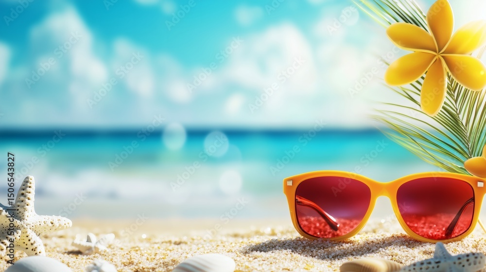 Vibrant Summer Beach Scene Featuring Sunglasses, Starfish, Seashells, and Tropical Elements on Sandy Shore Under Clear Blue Sky Vibrant Summer Beach Scene Featuring Sunglasses, Starfish, Seashells, and Tropical Elements on Sandy Shore Under Clear Blue Sky