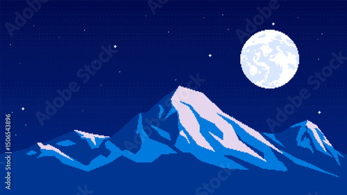 Pixel art horizontal illustration of night over mountain. Retro style platformer video game level. Seamless landscape with snowy peak, moon and stars.